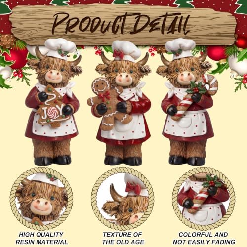 3 Pcs Christmas Highland Cow Figurine, Gingerbread Cookies Decor