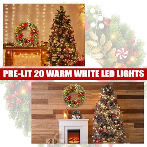 Sggvecsy 17 Inch Artificial Christmas Wreath for Front Door with 20 LED Lights Pine Needles Christmas Balls Red White Berries Pine Cones Bows Decoration for Winter Outdoor Wall Home Holiday Xmas Decor
