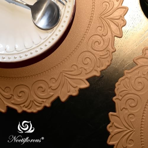 Round Faux Leather Placemats Set of 4, Dining Table Mats, Umber Brown