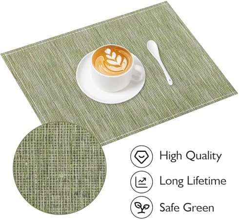 Niviy Green Placemats Set of 8, 12x18 Inch Washable Easy to Clean Heat-Resistant Anti-Skid Sage Green Placemats for Holiday Party Kitchen Dining Room Decoration