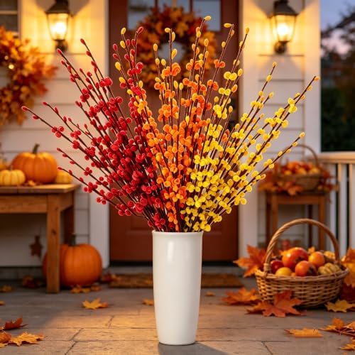 12Pcs Artificial Jasmine Flowers,21.6" Fake Branches for Home Valentine St. Patrick Independence Halloween Fall Christmas Party Decor,Red Yellow Orange