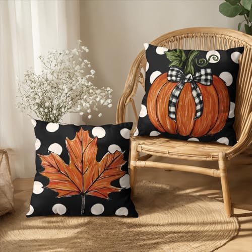 Fall Pillow Covers 24x24 Set of 2 Pumpkin Maple Leaves Polka Dot Throw Pillow Cases Autumn Thanksgiving Buffalo Plaid Bow Outdoor Decorative Farmhouse Harvest Cushion Case for Couch Sofa