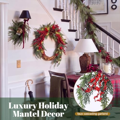 Yinder 20 Inch Christmas Wreath with LED Lights Red Berry Rattan