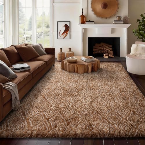 Ophanie 8x10 Brown and White Diamond Striped Rugs for Living Room,Large Fluffy Shag Fuzzy Plush Soft Carpets,Shaggy Rug