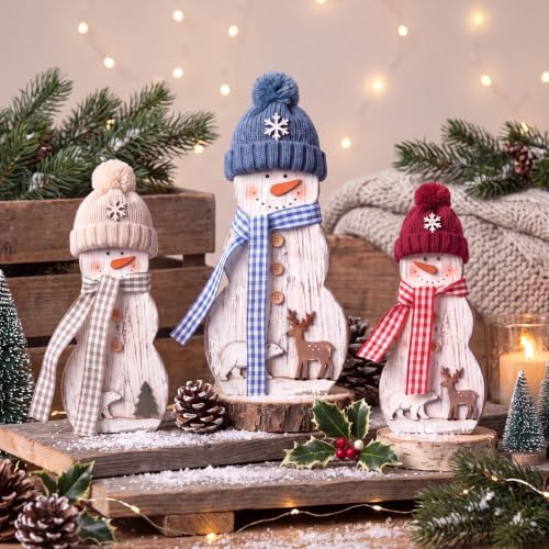 Suzile 3 Pcs Wooden Snowman Figurines, Christmas Tabletop Decor