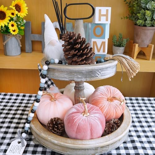 Winlyn Set of 4 Faux Pink Velvet Pumpkins Gold Stemmed Pumpkins Blush Coral Pink Peach Cream Decorative Fabric Pumpkins 5" for Fall Wedding Baby Shower Thanksgiving Halloween Table Centerpiece Décor
