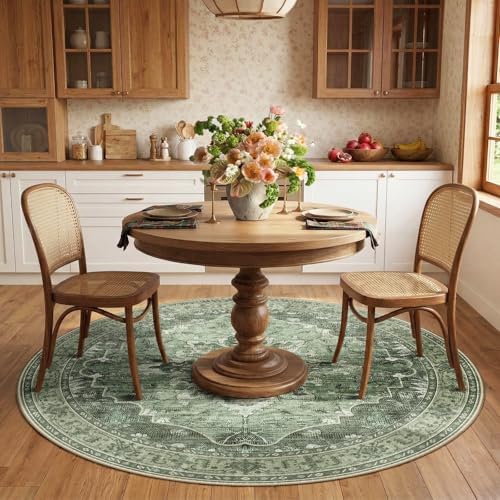RELEANY Washable Area Rug, Round 6ft, Green/Dark Green/Gray