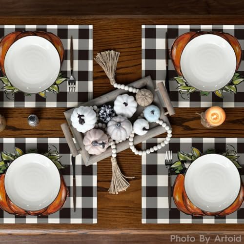 Artoid Mode Buffalo Plaid Pumpkin Fall Placemats Set of 4, 12x18 Inch Seasonal Autumn Table Mats for Party Kitchen Dining Decoration