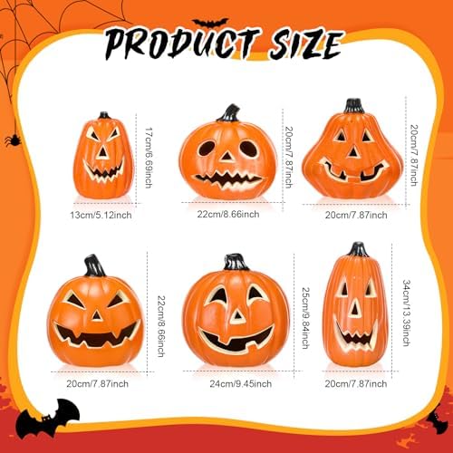 Tujoe 6 Pcs Halloween Pumpkin Lantern Set Light up LED,Orange