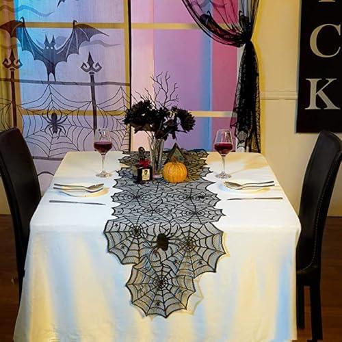 Halloween Table Runners for Halloween Decor - 4 Packs Vivid Polyester Black Lace Spider Web Table Runners 18 x 72 Inches for Halloween Masquerade Party Dinner Table Decorations