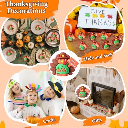 Domensi 50 Pcs Thanksgiving Mini Turkey Figurines Tiny Turkey Figures to Hide and Seek Little Pilgrim Statue Miniatures Chicken for Party Autumn Fall Decor Table Centerpiece(Happy Thanksgiving)