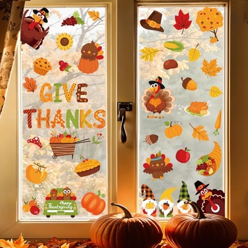 Whaline 9 Sheets Fall Thanksgiving Cartoon Window Cling Stickers Turkey Pumpkin Gnome Window Decals Give Thanks Reusable Glass Decoration for Autumn Harvest Party Home Classroom