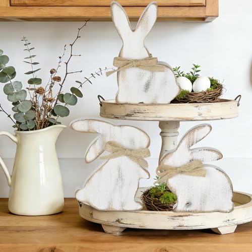 3Pcs Easter Decorations, Farmhouse Wooden Bunny Table Decor Rustic Rabbit Centerpieces Sign for Home Tiered Tray Mantel Office Party Supplies (White)