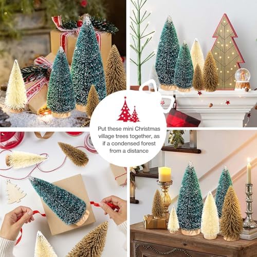 9Pcs Mini Christmas Trees Christmas Decor Artificial Christmas Decorations with 4 Sizes, Christmas Tree Bottle Brush Trees Christmas Table Decorations (Dark Green Golden Beige)