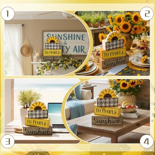 Lineshading 4 Pcs Sunflower Wooden Block Signs Farmhouse Tabletop Decor