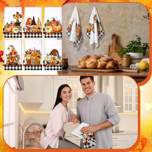 Geyoga Set of 6 Fall Kitchen Towels Autumn Dish Towels Vintage Gnomes Towel