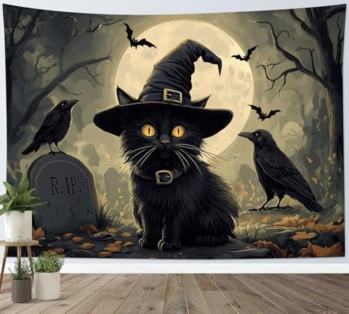 LB Halloween Black Cat Tapestry, Night Forest Full Moon and Black Crow Scary Halloween Wall Tapestry for Bedroom, Spooky Gothic Wall Art for Living Room Dorm Home Decor Ready to Hanging, 80 x 60 Inches