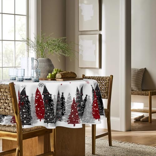 Horaldaily Christmas Tablecloth 90 x 90 Inch Round Christmas Trees Red