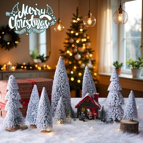 AerWo 8Pcs Mini Christmas Trees Flocked Bottle Brush Christmas Trees 4''-10'' with Wooden Bases, Small Xmas Tree for Tabletop Xmas Decor Village Crafts Winter Holiday Table Decorations