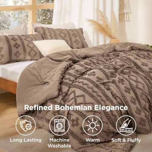 Bedsure Tufted Boho Comforter Set California King Size - Coffee Brown Boho Bed Set, GentleSoft™ 3 Pieces
