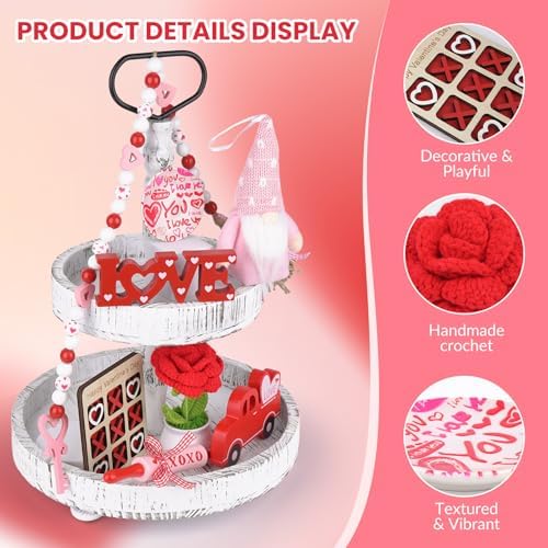 8 PCS Valentine's Day Tiered Tray Decor, Valentine Home Decor for Table,Wooden with LOVE and Car,Handmade Crochet Rose, XOXO Rolling Pin, Gnome, Farmhouse Fireplace Mantle Decor , Home Kitchen Decorations Valentines Day Gift Idea