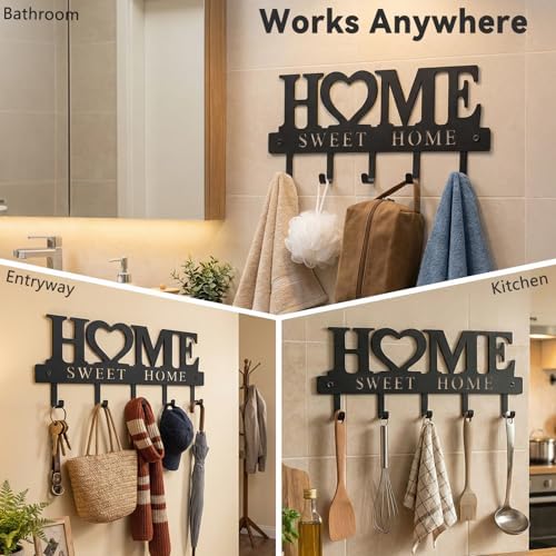 Entryway Key Holder Wall Mount with 5 Hooks, 13" Metal “Sweet Home” Key Rack Organizer for Wall, Decorative Key Hanger