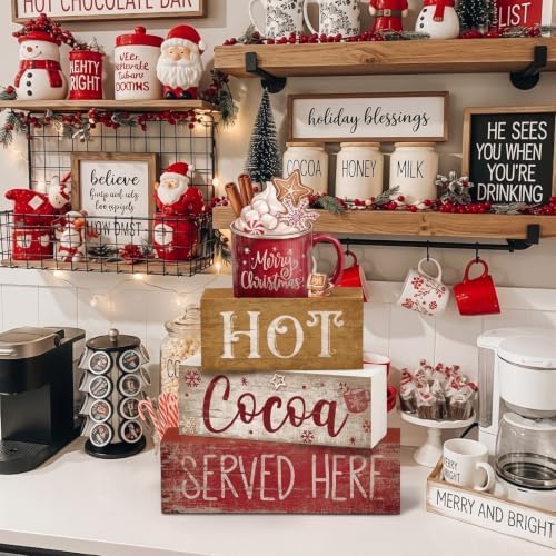 Moucuny 4 Pcs Christmas Table Decor for Home Kitchen, Wooden Coffee Cocoa