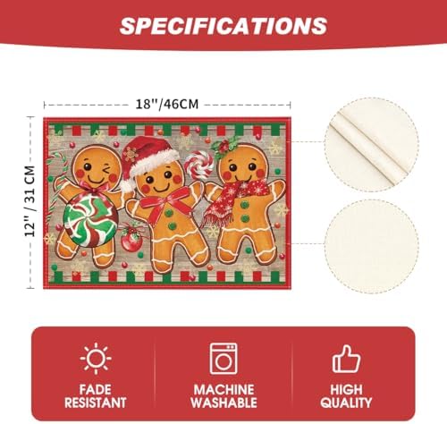 Artoid Mode Wood Gingerbread Candy Cane Christmas Placemats for Dining Table, 12 x 18 Inch Seasonal Winter Washable Table Mats Set of 6