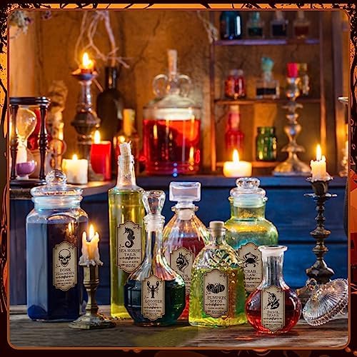 KIMOBER 144PCS Halloween Bottle Labels, Assoeted Vintage Laminated Animal Apothecary Potion Bottles Stickers for Halloween Party Supplies Photo Props