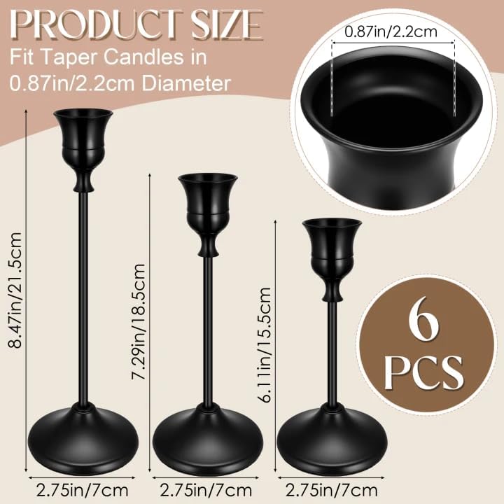 6PCS Brass Black Taper Candle Holders Set, Metal Candlestick Holders