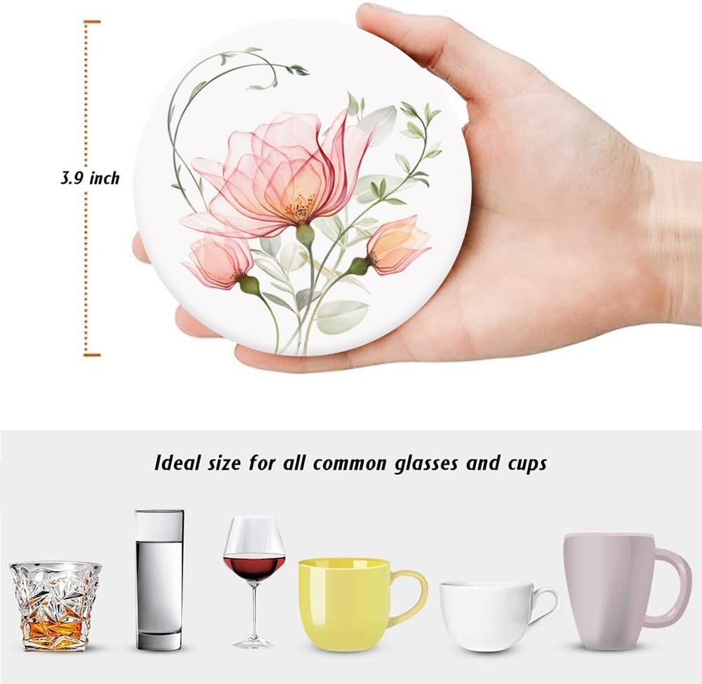 Watercolor X- and Eucalyptus Absorbent Ceramic Stone Mat Coaster / Ray Roses / Round / Set of 6