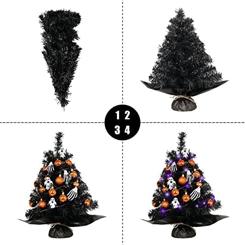 20" Mini Halloween Tree Black Tree Artificial Mini Halloween Tree with Purple LED Lights, Orange Balls Ornaments, Skeleton Hand and Ghost Decorations for Halloween Tabletop Decoration