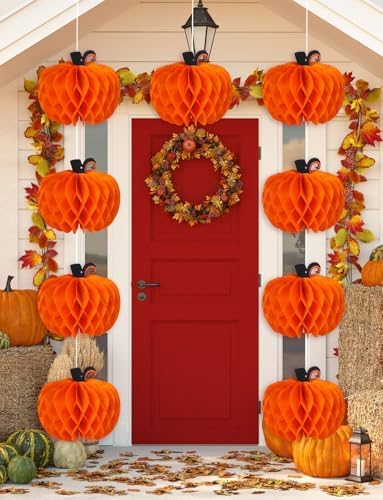 6 Pcs Fall Pumpkin Honeycomb Paper Decorations, Thanksgiving Pumpkins Table Centerpieces Hanging Pumpkin Honeycomb Tissue Balls for Halloween Thanksgiving Harvest Party Decor