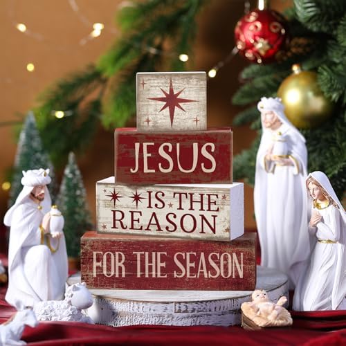 Lineshading 4 Pcs Christmas Farmhouse Wooden Block Signs Jesus Tiered Tray