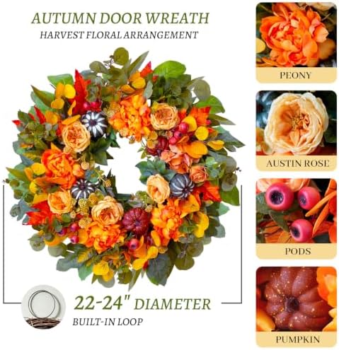 24 Inch Harvest Fall Wreaths for Front Door Outside with Orange Peony