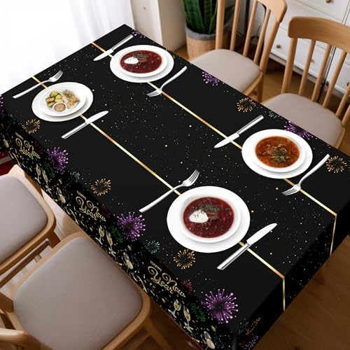 Childom 2 Pack Happy New Year Tablecloths,Happy New Years Decorations 2026,Disposable Rectangular Tablecloths Plastic 54"x108",Black and Gold Table Cloth for Home Dining Outdoor Holiday Party Supplies