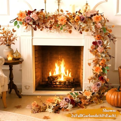 6FT Fall Garland for Mantle, Pumpkin Dahlia Garland Fall Decor
