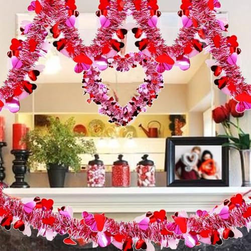 33 Ft Valentines Day Tinsel Garland Shiny Thick Tinsel Valentines Decorations Metallic Twist Foil Red White Pink Heart Garland for Anniversary Wedding Parade Floats Indoor Outdoor Decor Supplies