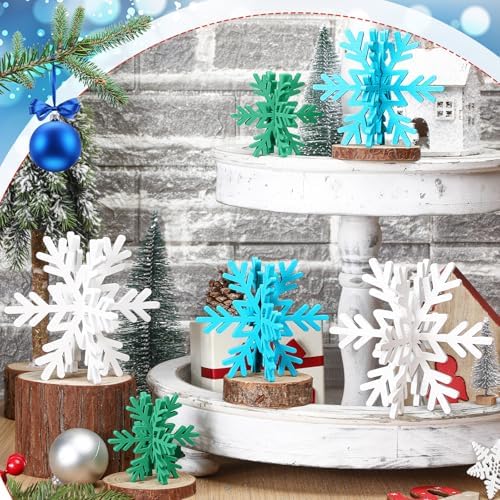 Bucherry 12 Pcs Wooden Snowflakes Table Decor,White, Blue, Green