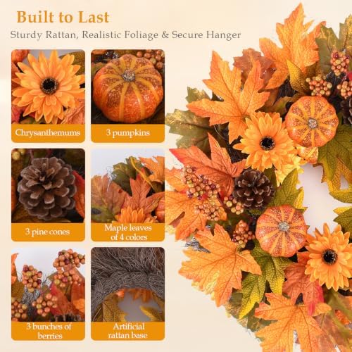 Wellsign 24 Inch Fall Wreath for Front Door Outside with Metal Hanger