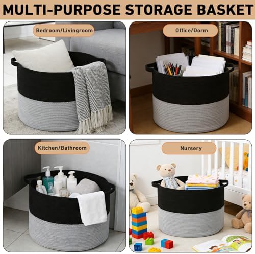 65L Large Blanket Basket,Woven Laundry Basket-Black&Light Grey