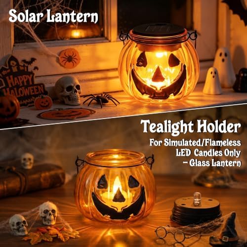 Brizled Halloween Pumpkin Solar Lantern, 2 Pack Glass Hanging Light Outdoor
