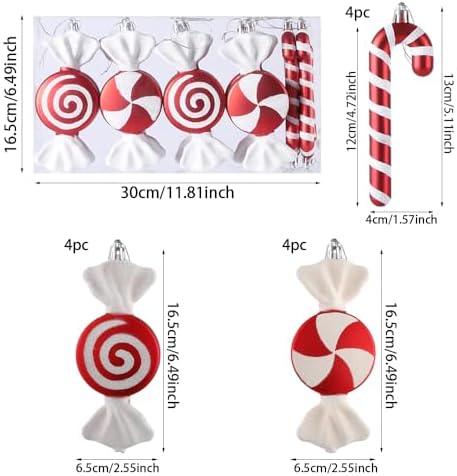 12 Pcs Christmas Candy Cane Ornaments,6.5 Inch Red White Assorted Shape