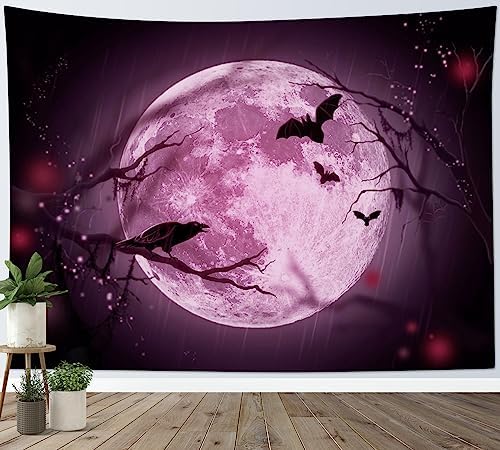 LB Halloween Full Moon Tapestry, Horror Black Crow and Bat on Purple Night Sky Wall Tapestry for Bedroom, Creepy Bat Wall Art for Living Room Home Decor, 59 x 51 Inches