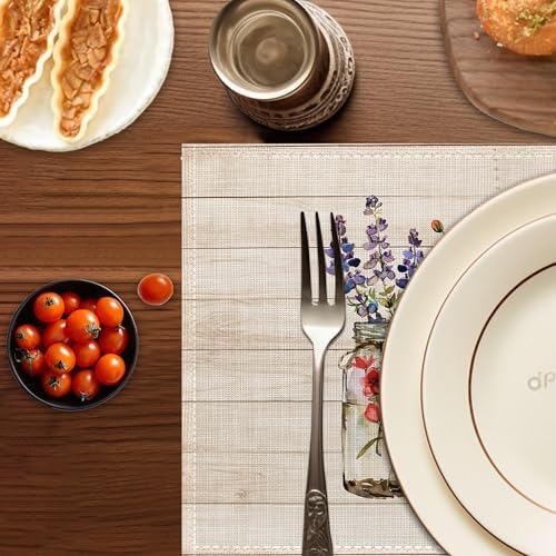 Spring Flowers Placemats Set of 6,Washable Heat Resistant 12×18 Inch Linen Table Mats Floral Place Mats for Party Outdoor Dining Decor