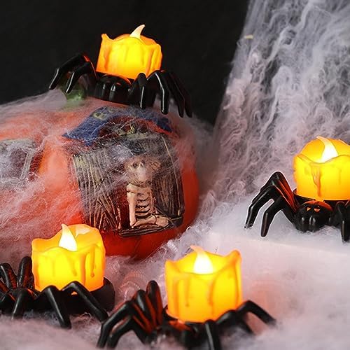 YBB 12 Pcs Halloween Spider Tea Lights, Novelty LED Flameless Spider Candle Holder Battery Operated Orange Tea Lamps for Halloween Party Table Home Spooky Decor