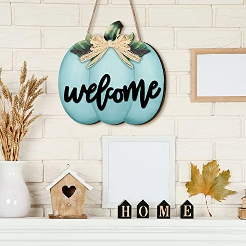 Jetec Fall Door Decor, Wooden Fall Pumpkin Welcome Sign Hanger, Dusty Blue
