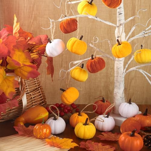 16 PCS Fall Thanksgiving Pumpkin Hanging Ornaments Velvet Fabric Pumpkin Hanging Small Tree Ornament 2.2" Orange Pumpkins Ball Tree Decoration for Fall Thanksgiving Home Farmhouse Harvest Party Decor