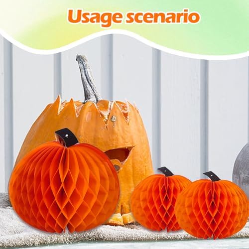 3 Pcs Paper Pumpkin Honeycomb Centerpieces for Tables, 3D Paper Hanging Pumpkin Party Decorations for Thanksgiving Fall Festival Party Supplies