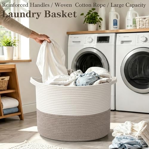 115L Extra Large Blanket Basket,Woven Laundry Basket- White & Brown